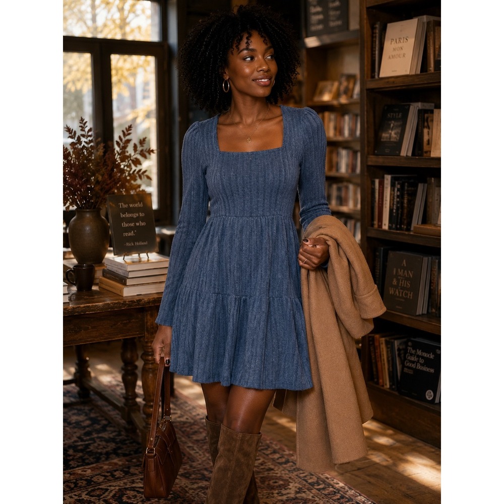 Blue Ribbed Knit Tiered Dress Square Neck Puff Sleeve Work Church Brunch M NWT